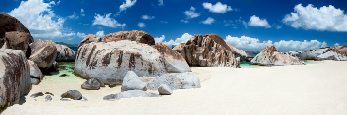 panorama shot of The Baths - boulders at a beach in Virgin Gorda, BVIMosquito Island, British Virgin Islands