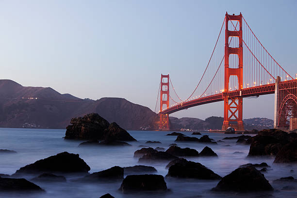 istock Lit Golden Gate Bridge, rocky beach after sunset 157679701