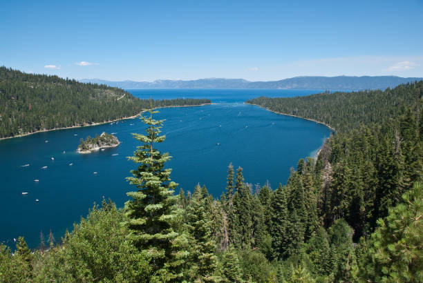 Emerald Bay is a natural and scenic bay in the southwest corner of Lake Tahoe, California, USA. In 1969 Emerald Bay was recognized as a National Natural Landmark by the US Department of the Interior. Fannette Island in Emerald Bay is the only island in Lake Tahoe.