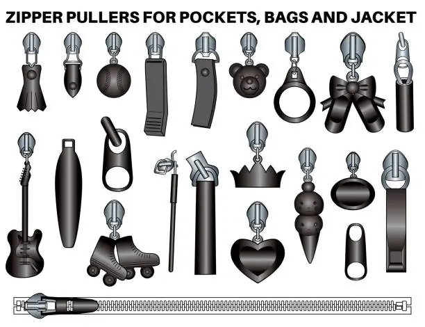 Vector illustration of Black metal Zipper puller flat sketch vector illustration set, different types of 3D Plastic Zip pull for fasteners, dresses garments, bags, Fashion illustration, Clothing and Accessories