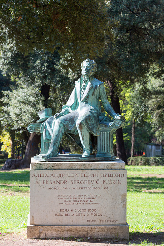 Rome, Italy - October 10, 2020: Statue of Russian poet Alexander Pushkin in Villa Borghese gardens