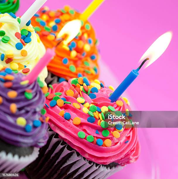 Colorful Birthday Cupcakes Stock Photo - Download Image Now - Birthday, Birthday Cake, Birthday Candle