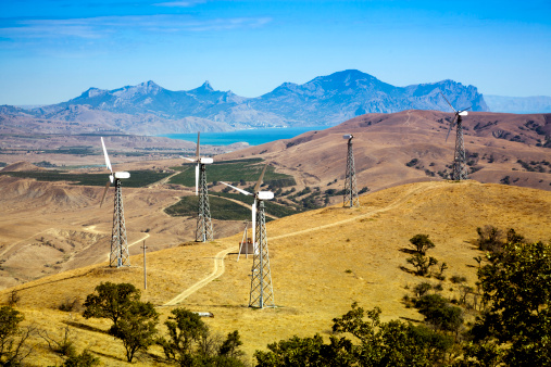 Wind turbines at Meganom cape in Crimea.