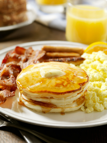 Pancakes with Maple Syrup, Bacon, Sausage and Scrambled Eggs-Photographed on Hasselblad H3D-39mb Camera