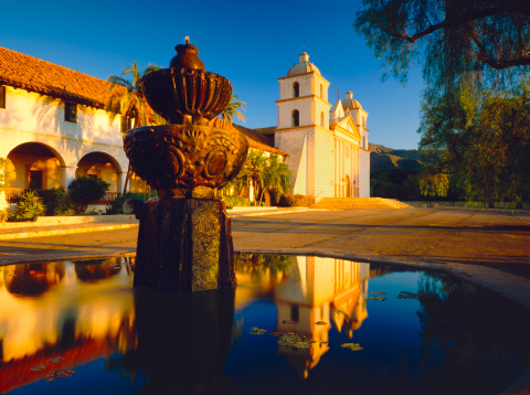 Fountain With Reflection Of Santa Barbara Mission