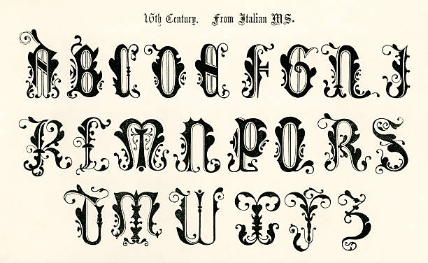 16 век» от итальянских рукопись - ornate text medieval illuminated letter engraved image stock illustrations