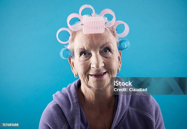 Senior Woman With Curlers Stock Photo - Download Image Now - Senior Women, Ugliness, Blue