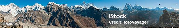 Himalaya Everest Mega Panorama Snow Capped Mountain Summits Glaciers Nepal Stock Photo - Download Image Now