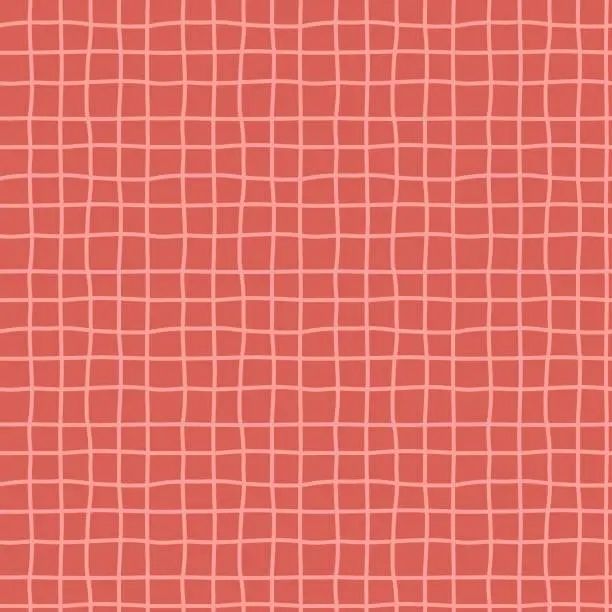 Vector illustration of Seamless raspberry blush checkered pattern of uneven hand drawn lines. Minimalist surface design for home decor.