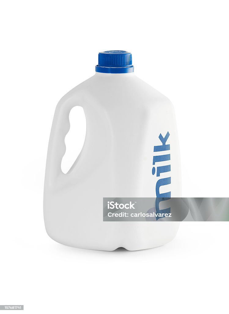 White milk carton with blue writing Milk bottle isolated with clipping path. Milk Stock Photo