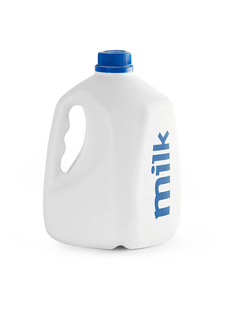 White milk carton with blue writing Milk bottle isolated with clipping path. jug stock pictures, royalty-free photos & images