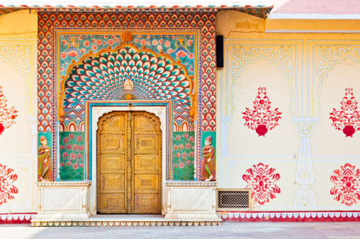 Jodhpur, India - January 7, 2020: Exterior detail of wall decoration in famous Mehrangarh Fort, Rajasthan state