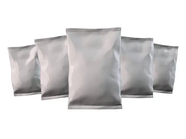 3d render of a five candy/chips bags. All objects have their own clipping path.