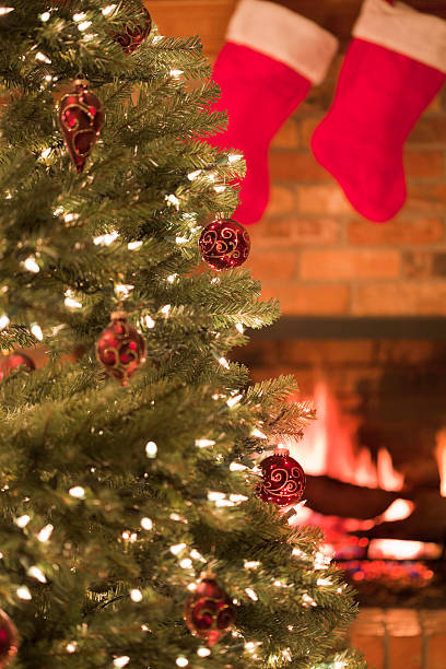 istock Christmas Tree, Red Stockings, Fire, Fireplace, Decorations 157683150