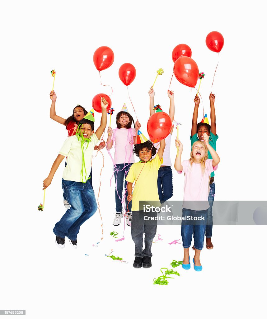 Joyful multi ethnic kids with balloons celebrating party  Adult Stock Photo