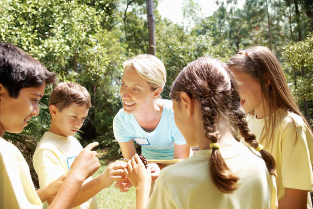 istock Teacher explaining about pine seeds to students on field trip 157683298