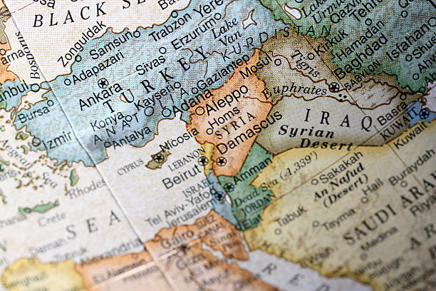 Map of Turkey and the Middle East sun bleached world map featuring the Middle East turkey middle east stock pictures, royalty-free photos & images