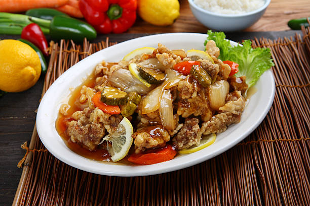 fried fish with sweet and sour sauce, selective focus