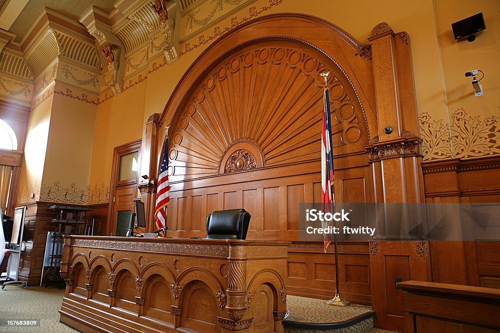 Inside of a courtroom with American flags Courtroom Courtroom Stock Photo