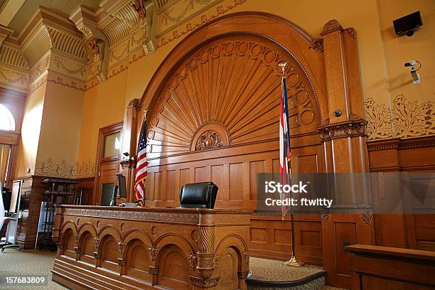 Inside Of A Courtroom With American Flags Stock Photo - Download Image Now - Courtroom, Courthouse, Indoors