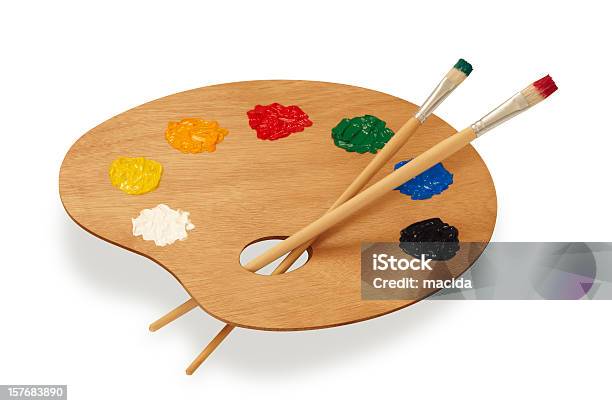 Painters Multicolored Palette Isolated On White Stock Photo - Download Image Now - Artist's Palette, Paintbrush, Painting - Activity