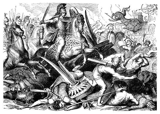 ilustraciones, imágenes clip art, dibujos animados e iconos de stock de grabado aexander la gran en batalla de gaugamela en 1876 - regency style