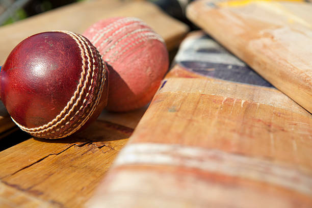 New and old cricket ball lying on bats  cricket bat stock pictures, royalty-free photos & images