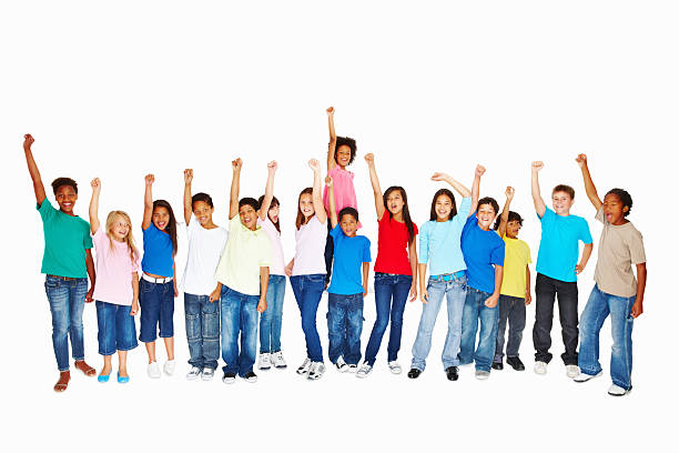 istock Multi ethnic school children with arms raised 157684129