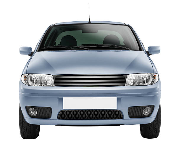 blue car front-side (isolated with clipping path over white background) - framifrån bildbanksfoton och bilder