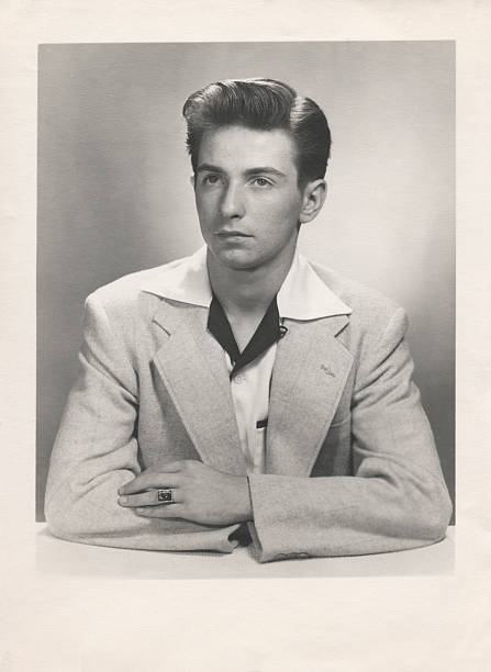 Fifties School Portrait of Young Man  rockabilly hair men stock pictures, royalty-free photos & images