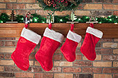 Christmas, Red Stockings, Brick Wall, Mantel, Decorations