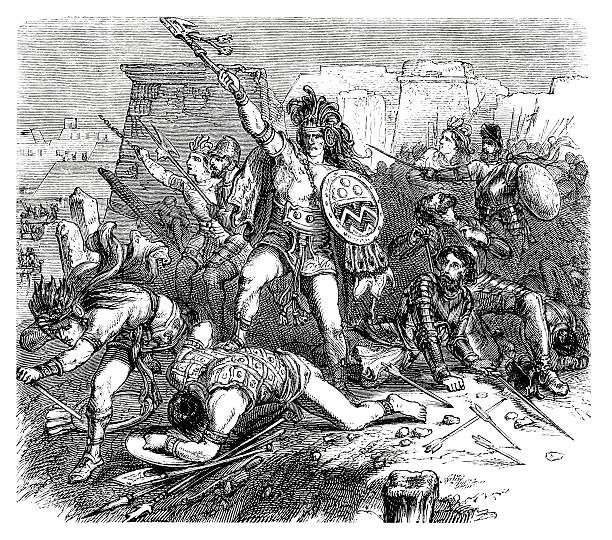 ilustraciones, imágenes clip art, dibujos animados e iconos de stock de grabado batalla entre aztec y español troups - guerrero azteca