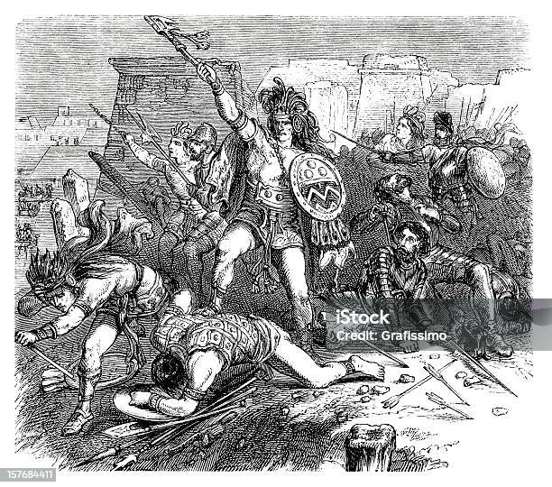Ilustración de Grabado Batalla Entre Aztec Y Español Troups y más Vectores Libres de Derechos de Azteca - Azteca, Inca, Guerra