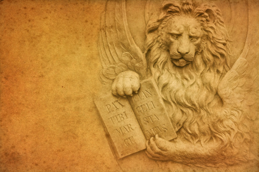 Winged lion is a symbol for St. Mark, who is the patron saint of Venice, and the apostle's traditional symbol became the logo of the Venetian Republic. The opened book bore the inscription: Pax tibi, Marce, evangelista meus, 