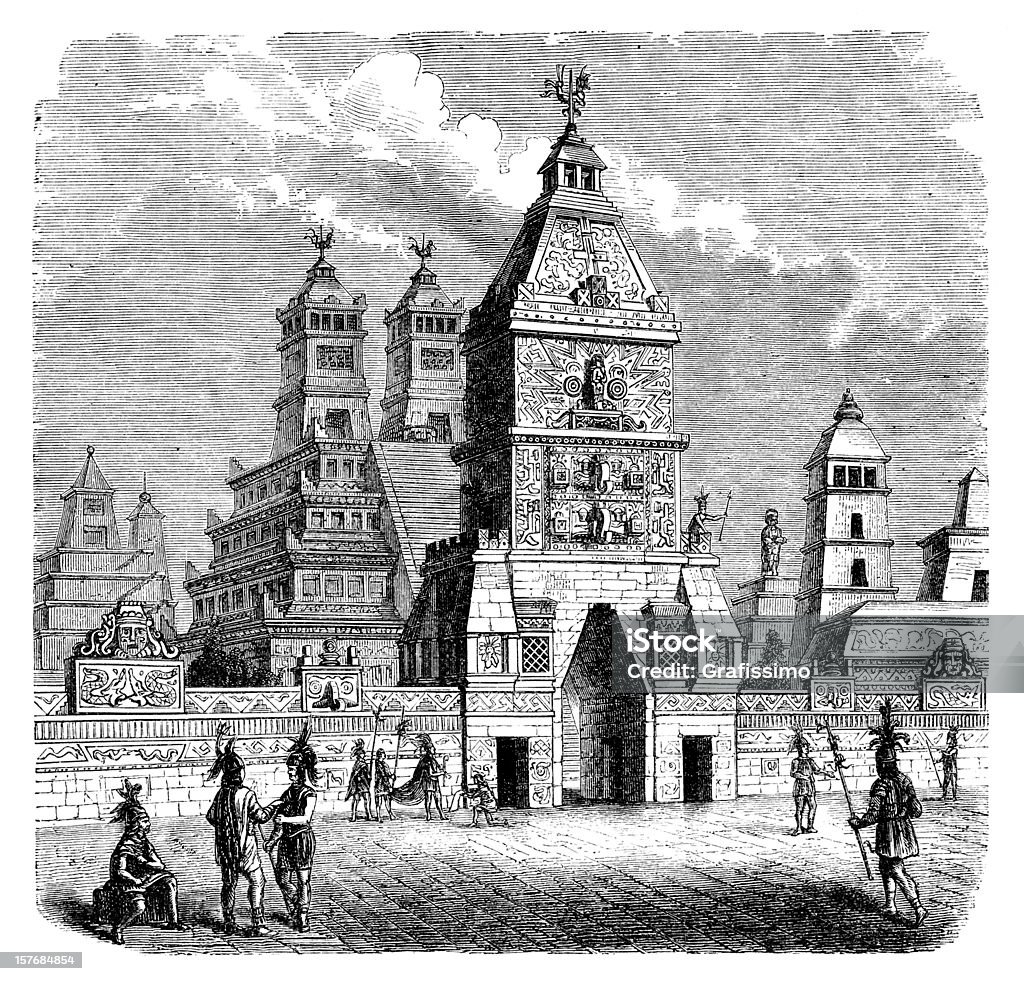 Grabado aztec city Tenochtitlan entrada Teocalli en 1870 - Ilustración de stock de Inca libre de derechos
