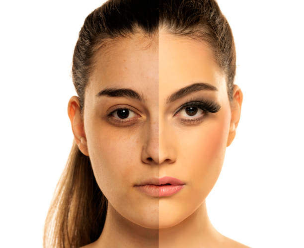 istock Comparison portrait of a woman without and with makeup 1576848817