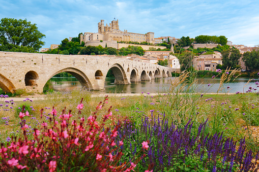 Beziers Cathedral with Pont Vieux and Orb river France