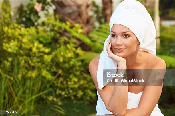 Fresh Mid Adult Woman After Bath In Thought Outdoors Stock Photo - Download Image Now