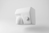 White wall mounted hand dryer floating in mid air on white background in monochrome and minimalism. Illustration of the concept of sanitary facilities of toilets
