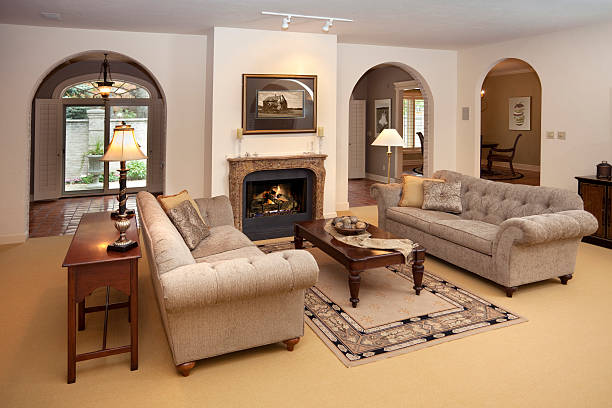 istock Spacious Living Room With Fireplace, Arched Doorways 157686507