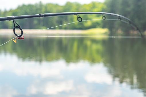 fishing rod and bait selective focus summer activity