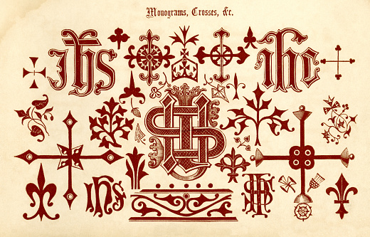 A collection of 19th century religious symbols and crosses based on those from the medieval period. From 'The Book of Ornamental Alphabets: Ancient & Medieval' by F.G. Delamotte, published by E. & F.N. Spon, London, in 1879. (Now in the public domain.)