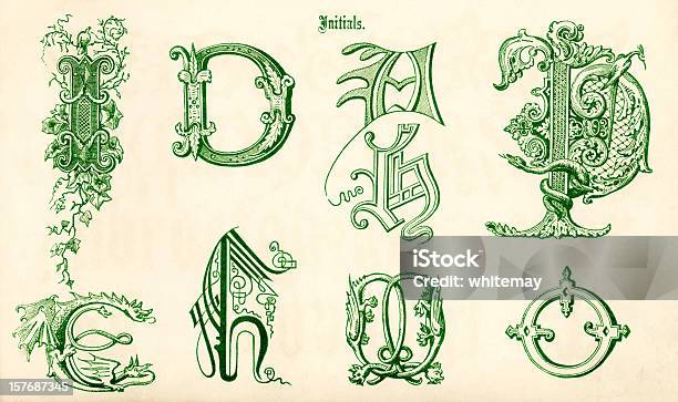 Декоративный Буквы На Зеленый Эскизов — стоковая векторная графика и другие изображения на тему Дракон - Дракон, Машинописный текст, Буква I