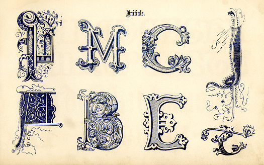 Medieval style initials with ornate decoration from 'The Book of Ornamental Alphabets: Ancient & Medieval' by F.G. Delamotte, published by E. & F.N. Spon, London, in 1879. (Now in the public domain.)