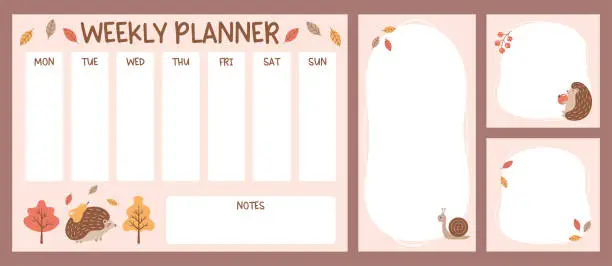 Vector illustration of Weekly planner and note sheets for kids with cute hedgehog and snail. Autumn theme school timetable. Class schedule for elementary school students. Fall theme pages.