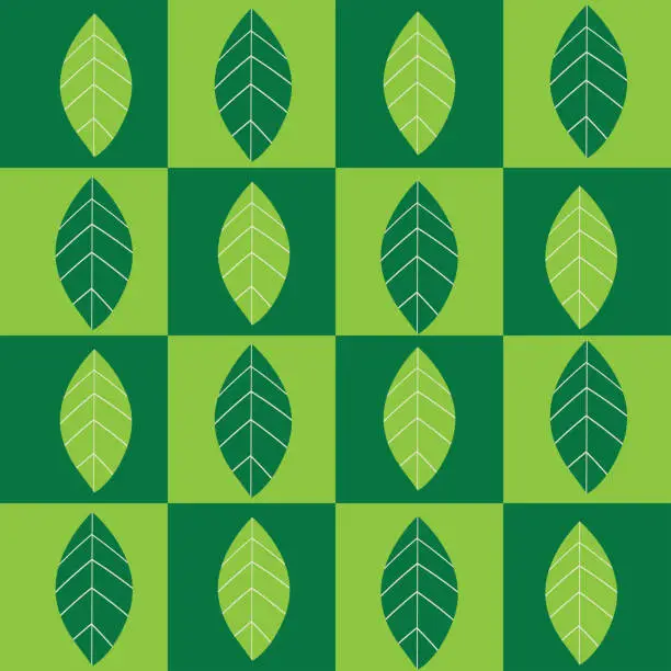 Vector illustration of Checkered green leaves seamless pattern