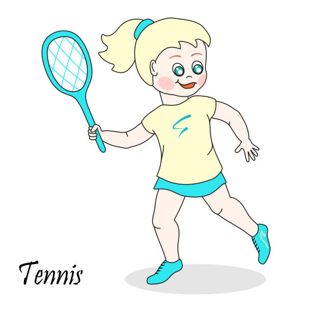 illustrazioni stock, clip art, cartoni animati e icone di tendenza di tennista bionda con un movimento di dritto tiene una racchetta con una mano - tennis serving silhouette racket