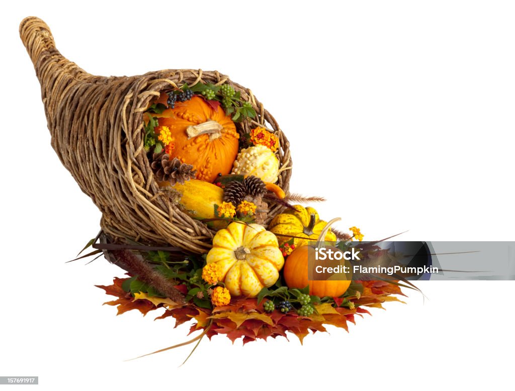 Thanksgiving Cornucopia Isolated on White. Cornucopia celebrating the bounty of Thanksgiving. Cornucopia Stock Photo