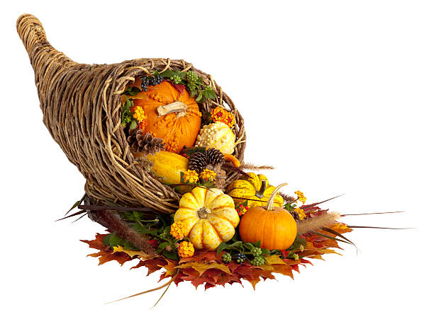 Thanksgiving Cornucopia Isolated on White. Cornucopia celebrating the bounty of Thanksgiving. cornucopia stock pictures, royalty-free photos & images