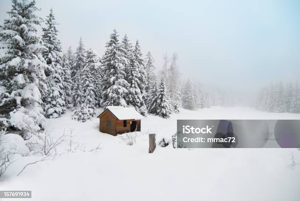 Winter Shack In Snowy Landscape Stock Photo - Download Image Now - Log Cabin, Winter, Cottage